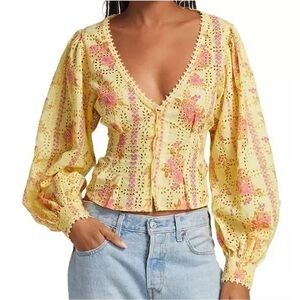 NWT Free People Yellow Floral Lace Top - Size Medium